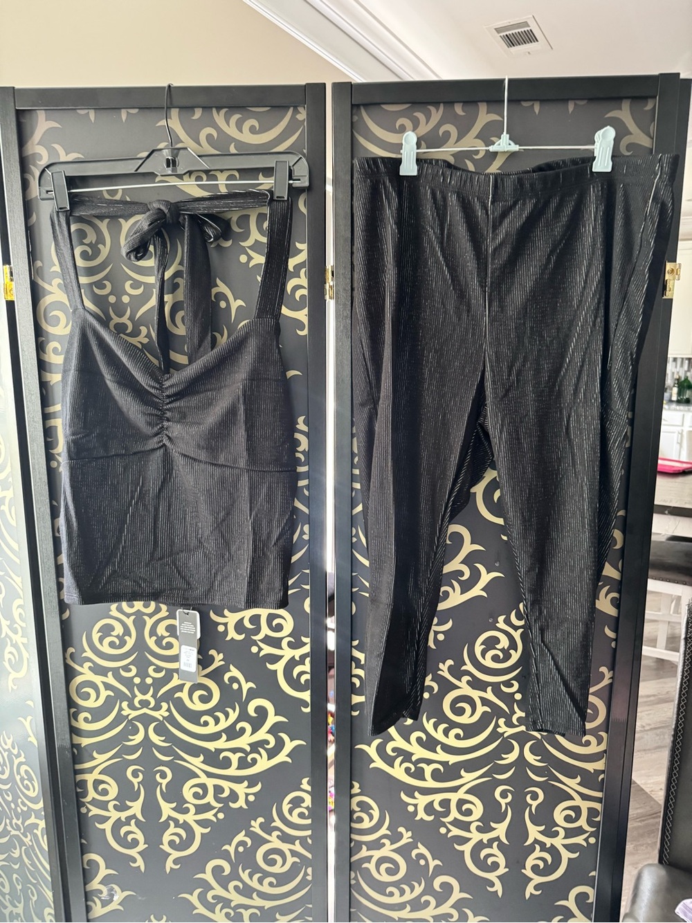Fashion Nova Black Shimmer Halter Top & Skinny Pants Set